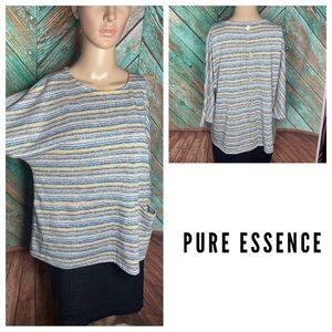 Pure Essence Batwing Striped 3/4 Sleeve Botton Back Top With Front Pocket